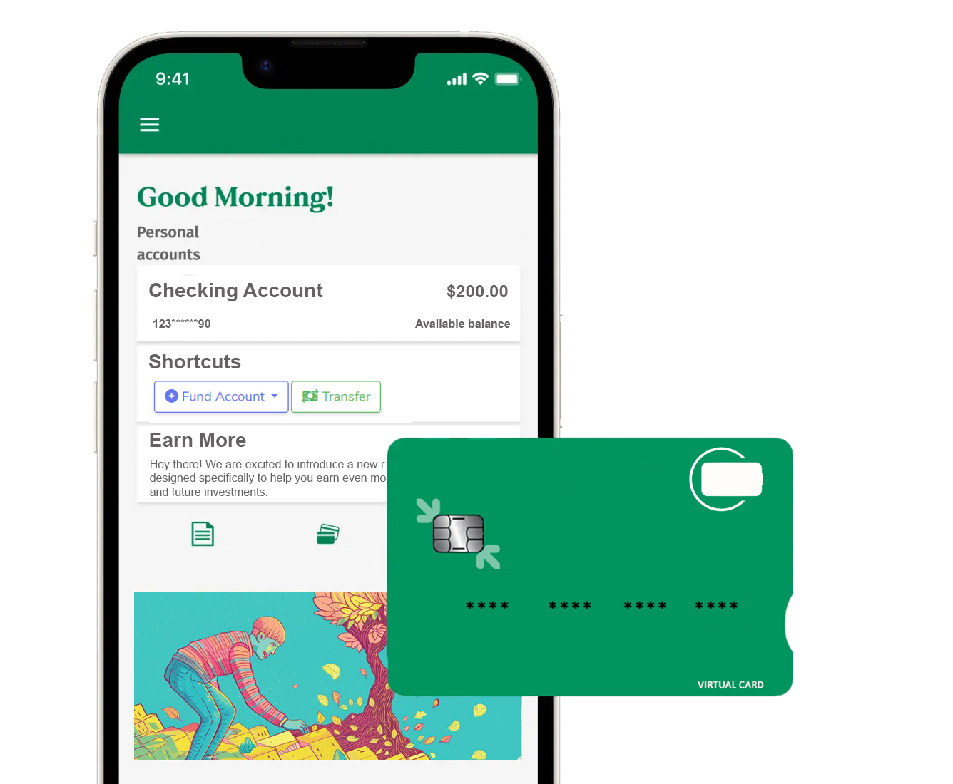 A phone with the myncbfintech app and a myncbfintech debit card